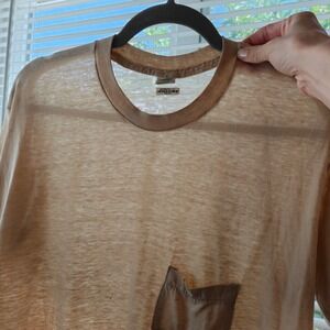 Vintage 70s Sears Mens Tee XL Tan Pocket Distressed Paper Thin Burnout Vtg
